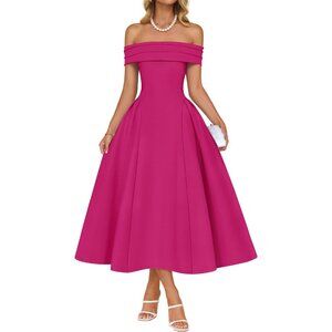 Women's Rose Elegant Off Shoulder Short Sleeve Swing A Line Midi Dress
